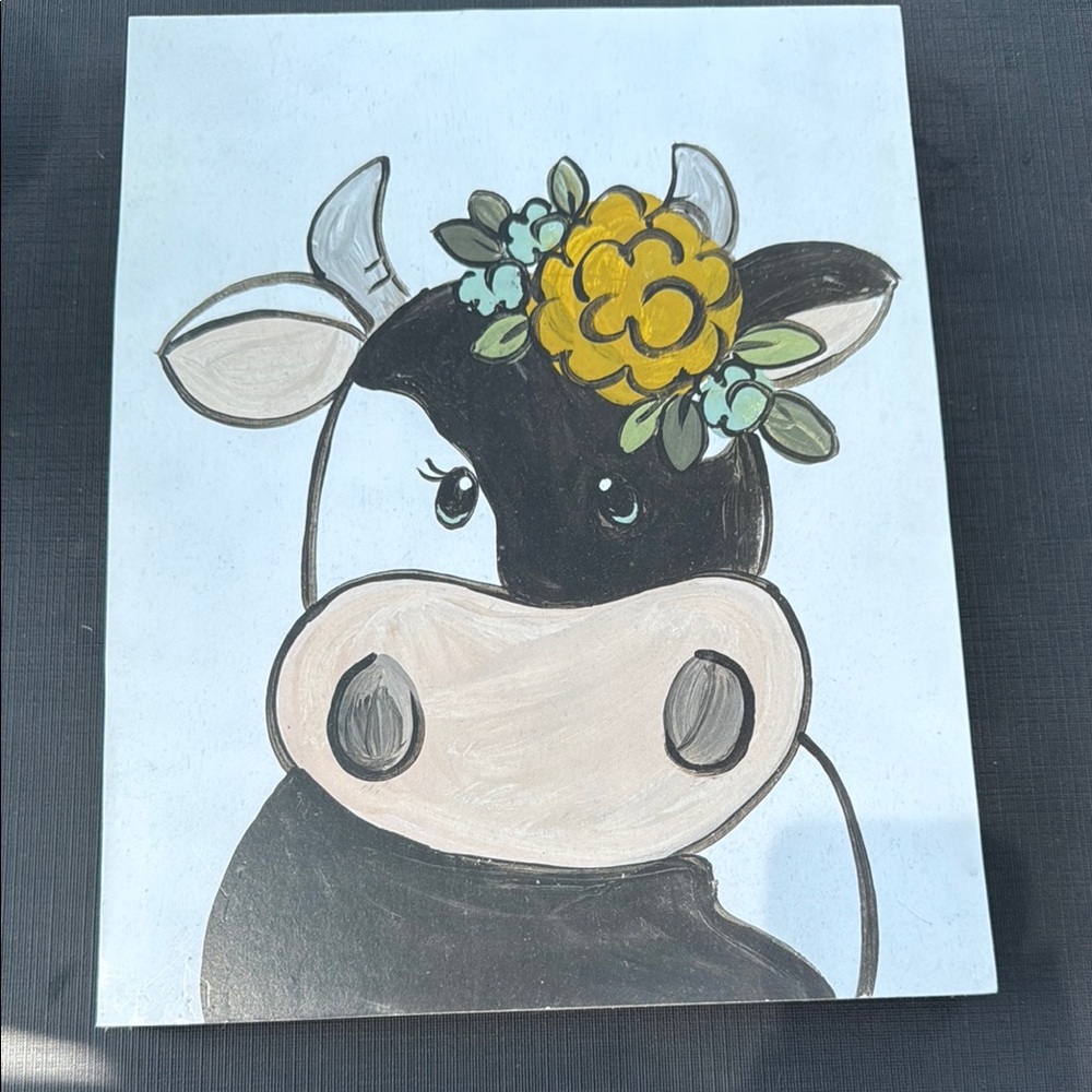 Wood Cow Art with Floral Crown